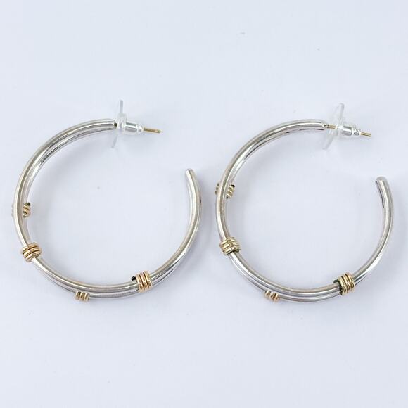 Vintage Sterling Silver 925 Double Shank Gold-Tone Wire Wrapped Hoop Earrings - Picture 7 of 9